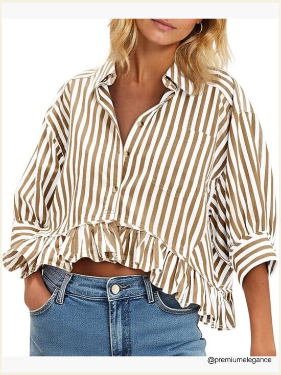 Tops - Cropped Striped Button Down Ruffle 3/4 Sleeve Blouse
